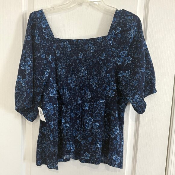 Old Navy Button Front Smocked Back Blouse Puff Sleeve Peasant Top Blue Floral - Picture 5 of 7